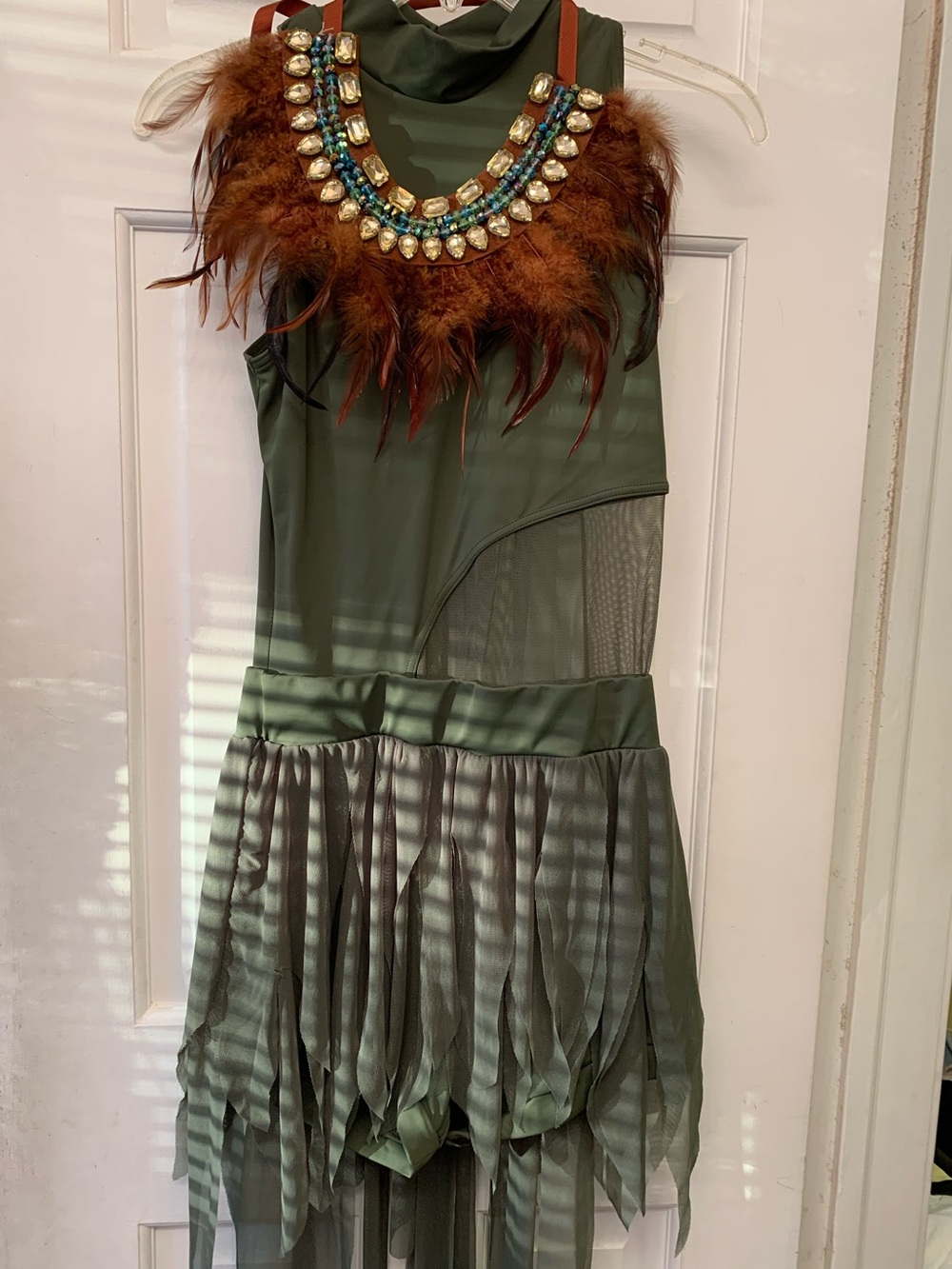 Weissman Olive Green Adult Dance costume Feather & Jewel Necklace Asymmetrical